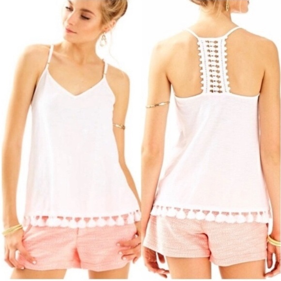Lilly Pulitzer Tank Top White Size Medium Pom Pom Trim Crochet Racerback  NWT - Picture 1 of 5